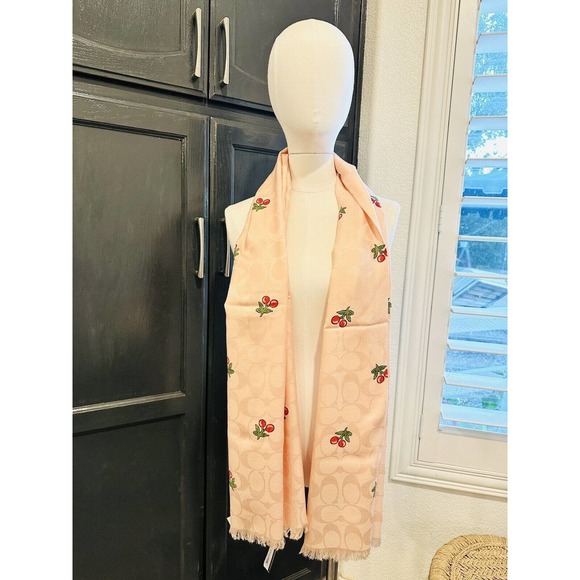 NWT Coach Women Signature Cherries Print Wrap Scarf Wool & Silk Blush Pink $175 - Picture 5 of 8